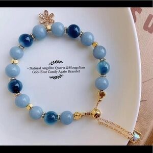 - Natural  Angelite Quartz &Mongolian Gobi Candy Agate Bracelet A-5